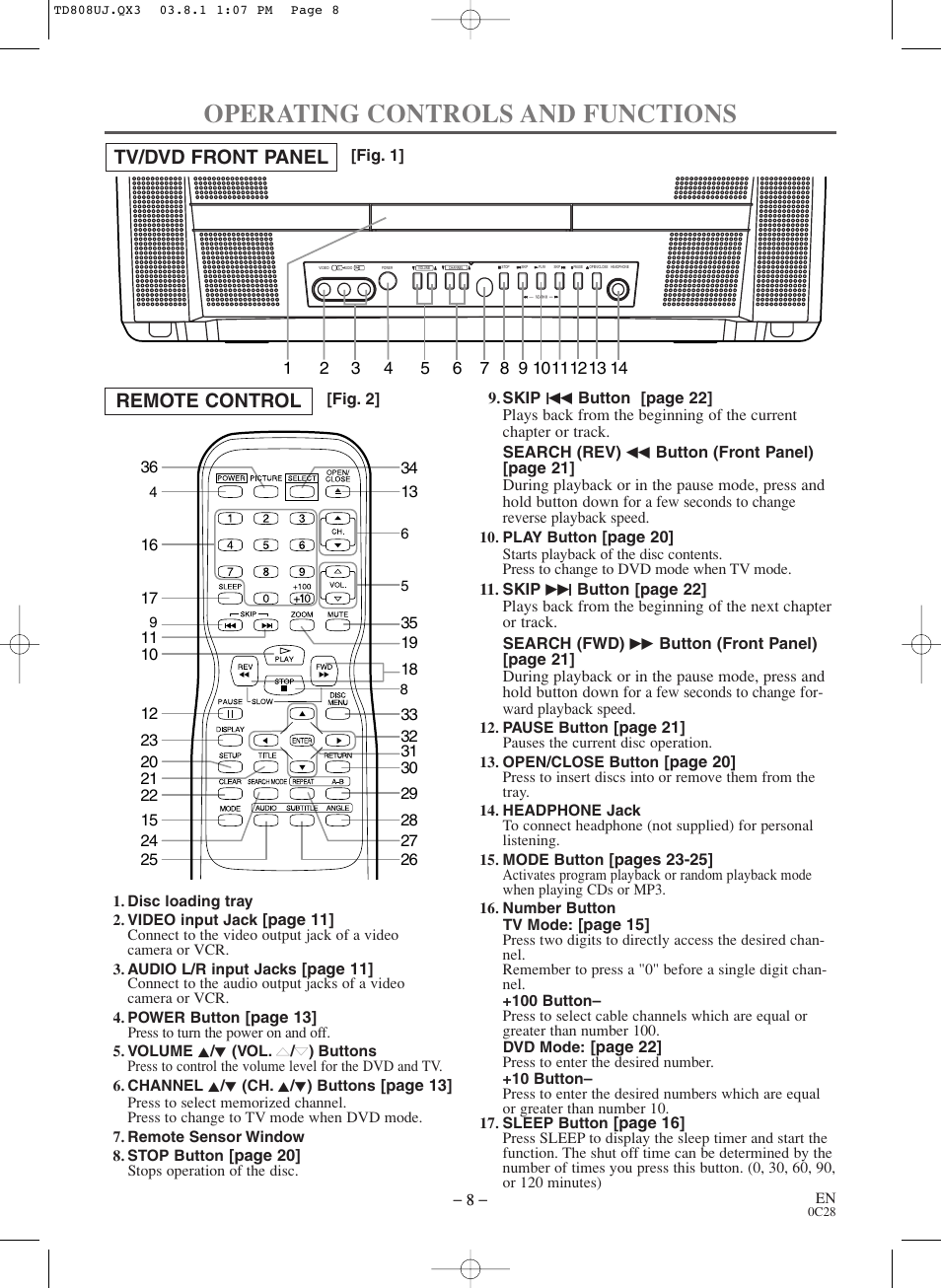 Operating controls and functions, Tv/dvd front panel remote control | Symphonic BL519DD User Manual | Page 8 / 34