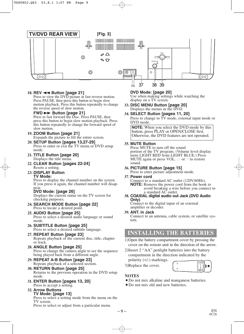 Installing the batteries, Tv/dvd rear view | Symphonic BL519DD User Manual | Page 9 / 34