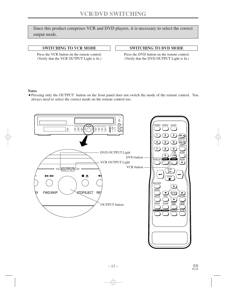 Vcr/dvd switching, Switching to vcr mode, Switching to dvd mode | Lay fwd/skip stop/eject rew output, 1l25 | Symphonic WF802 User Manual | Page 13 / 48