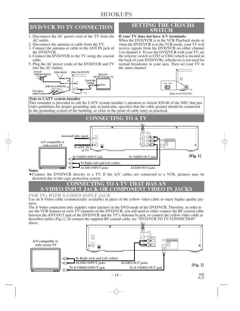 Hookups, Dvd/vcr to tv connection, Setting the ch3/ch4 switch | For tvs with s-video input jack, Fig. 2 | Symphonic WF802 User Manual | Page 14 / 48