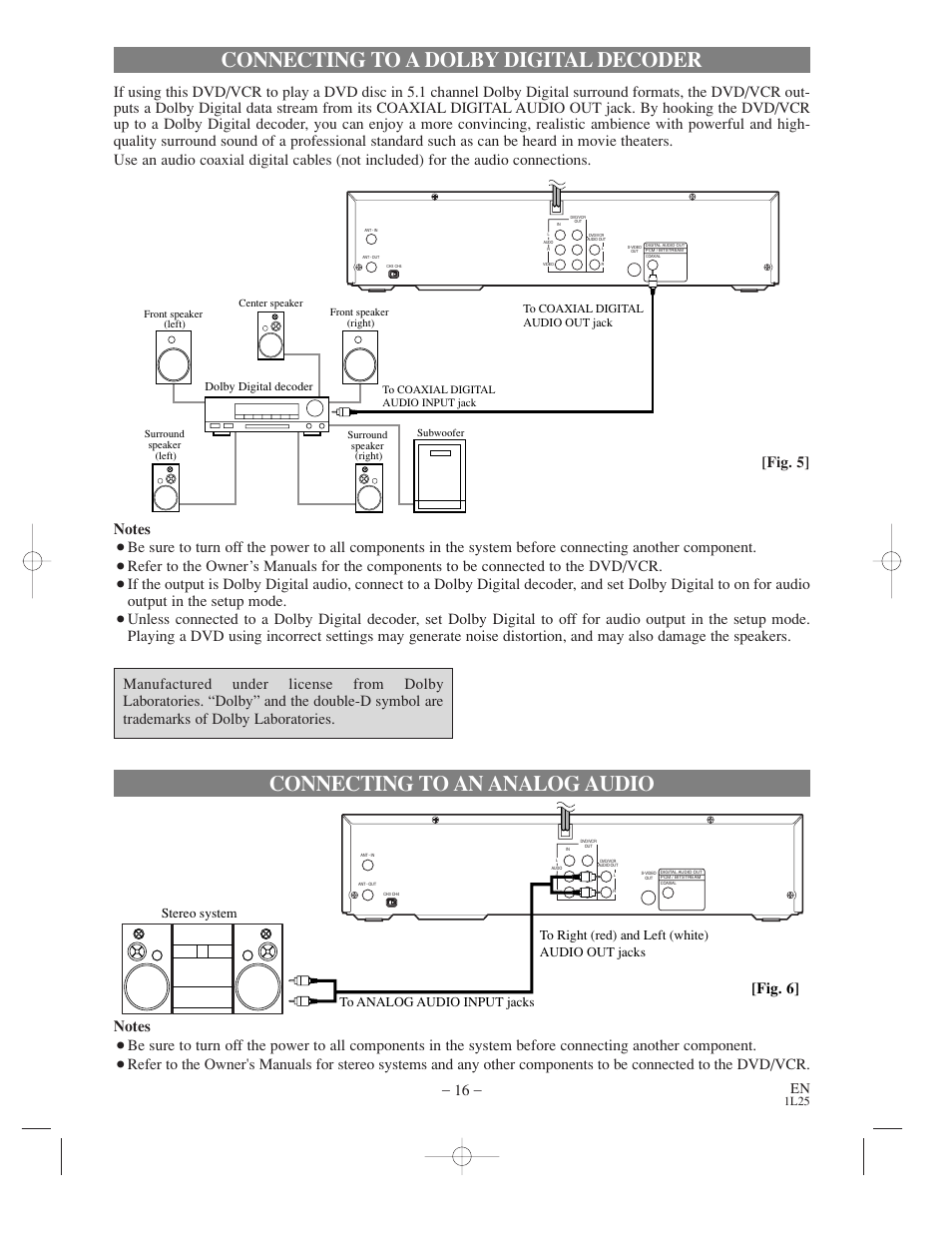 Connecting to a dolby digital decoder, Connecting to an analog audio, Fig. 6 | Symphonic WF802 User Manual | Page 16 / 48