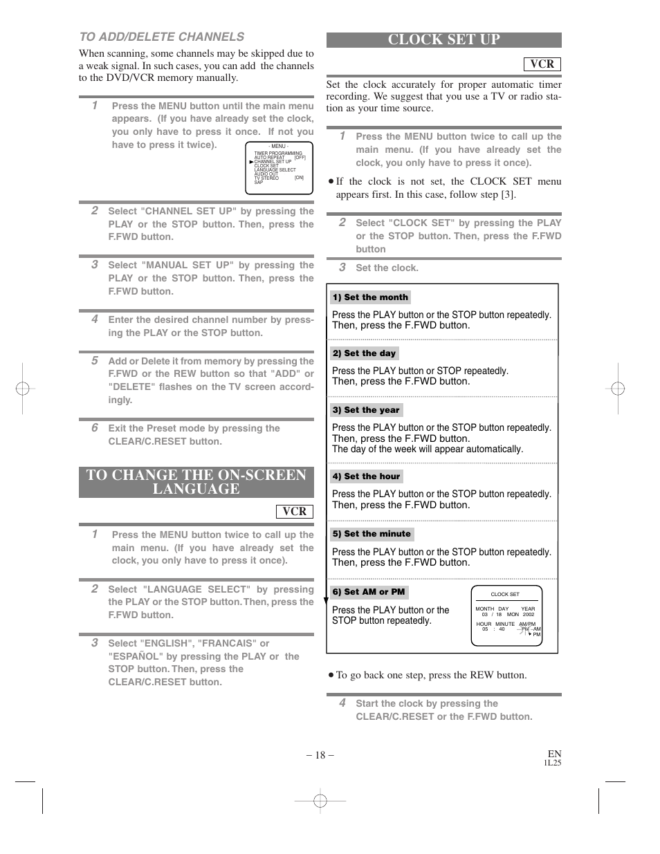 Clock set up, Vcr to add/delete channels | Symphonic WF802 User Manual | Page 18 / 48