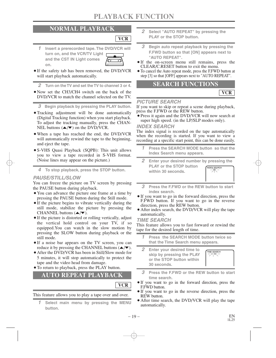 Playback function, Normal playback, Auto repeat playback | Search functions | Symphonic WF802 User Manual | Page 19 / 48