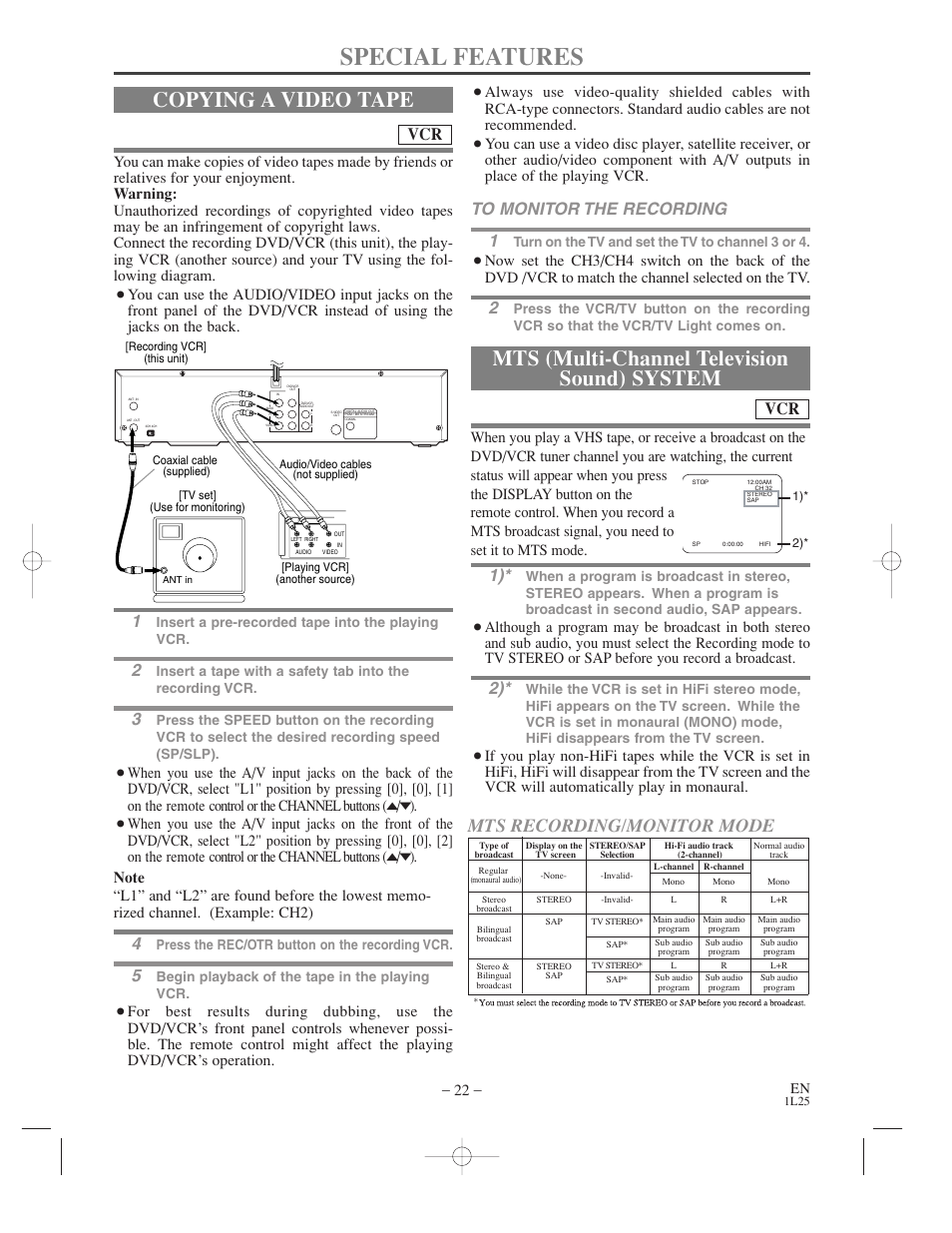 Special features, Copying a video tape, Mts (multi-channel television sound) system | Mts recording/monitor mode | Symphonic WF802 User Manual | Page 22 / 48
