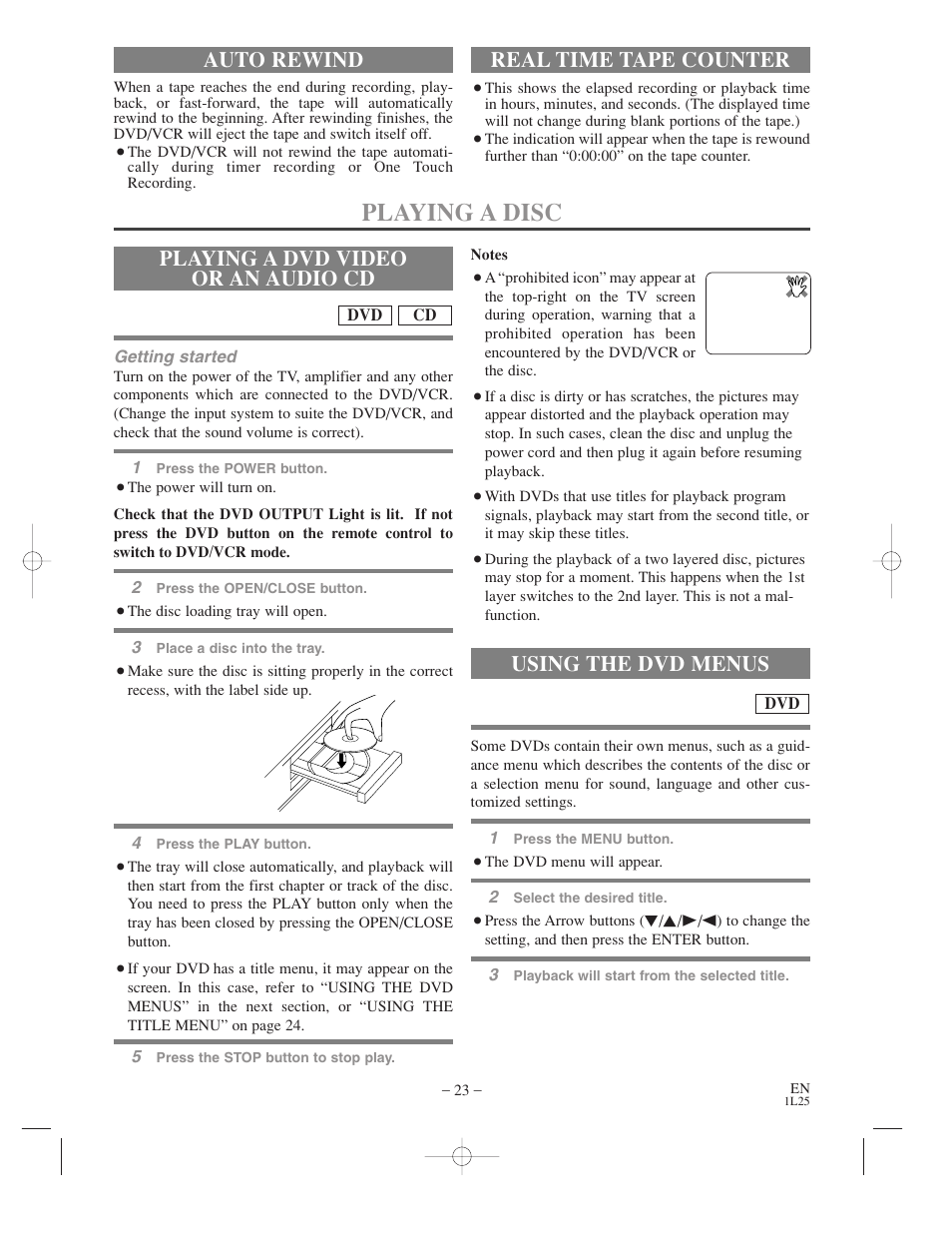 Playing a disc, Playing a dvd video or an audio cd, Using the dvd menus | Auto rewind, Real time tape counter | Symphonic WF802 User Manual | Page 23 / 48