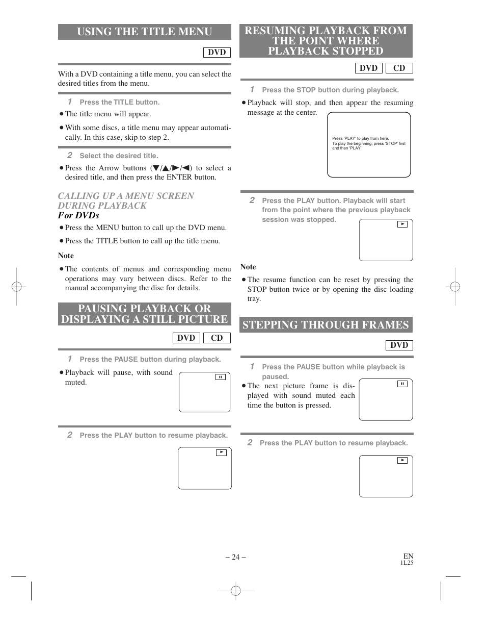 Using the title menu, Pausing playback or displaying a still picture, Stepping through frames | Symphonic WF802 User Manual | Page 24 / 48