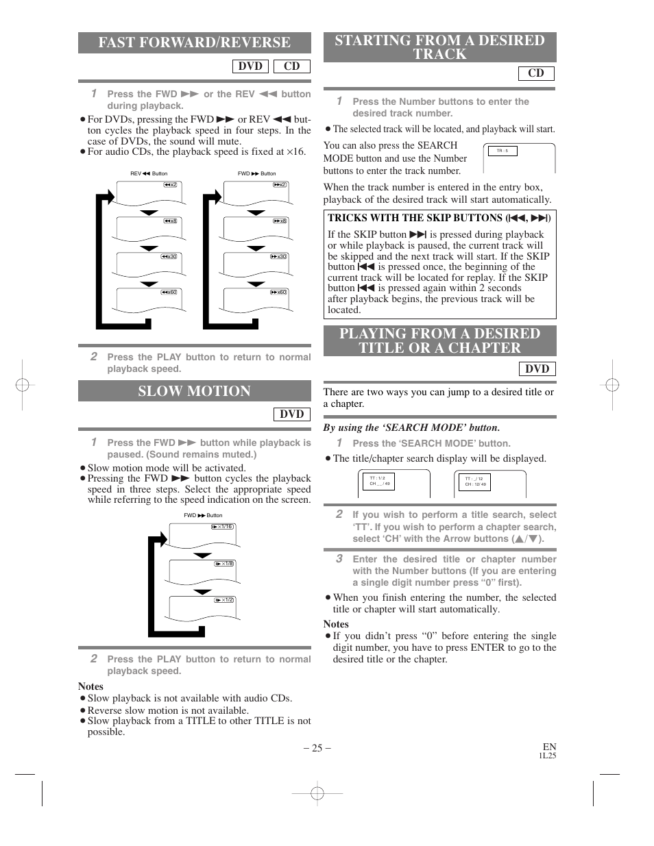 Fast forward/reverse, Slow motion, Starting from a desired track | Playing from a desired title or a chapter | Symphonic WF802 User Manual | Page 25 / 48