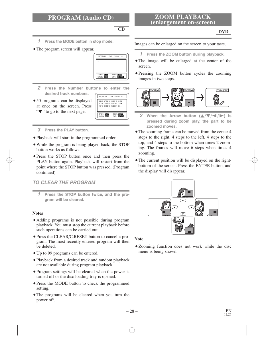 Program (audio cd), Zoom playback (enlargement on-screen) | Symphonic WF802 User Manual | Page 28 / 48