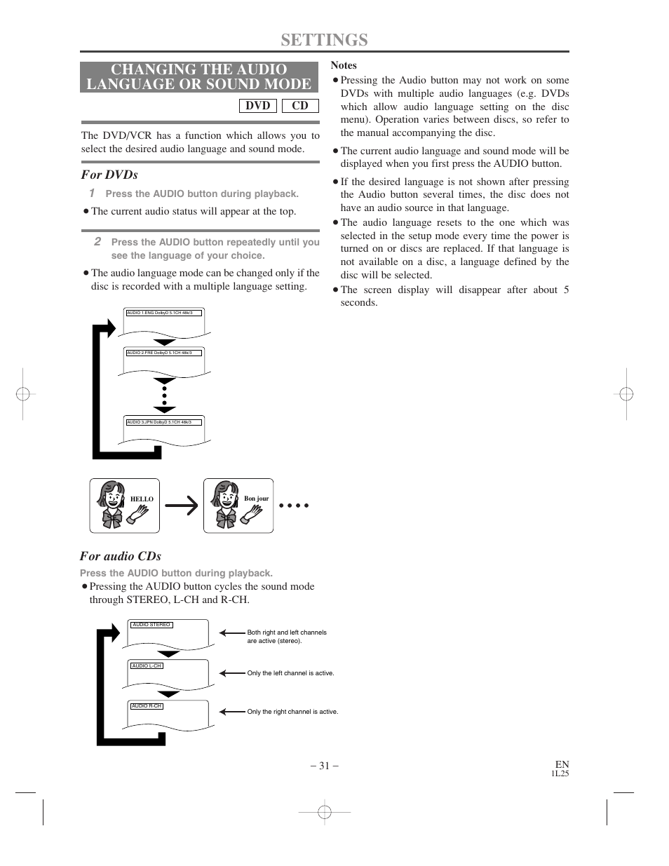 Settings, Changing the audio language or sound mode, For dvds | For audio cds, Cd dvd | Symphonic WF802 User Manual | Page 31 / 48