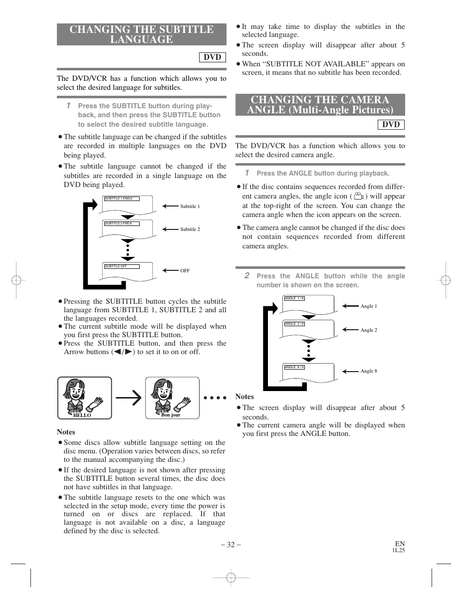 Changing the camera angle (multi-angle pictures), Changing the subtitle language | Symphonic WF802 User Manual | Page 32 / 48