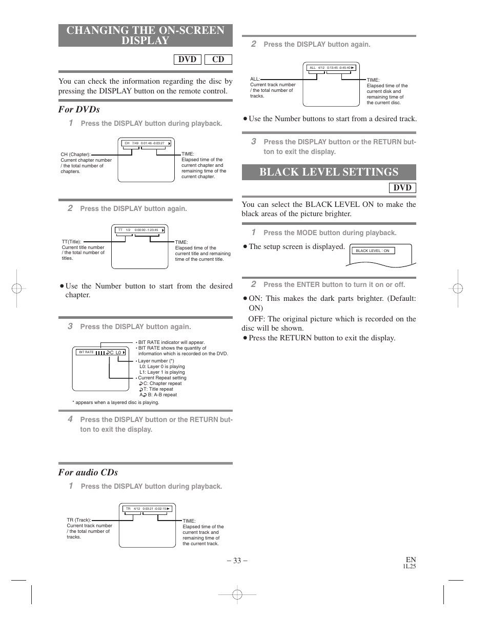 Changing the on-screen display, Black level settings, For dvds | For audio cds, Cd dvd 2 | Symphonic WF802 User Manual | Page 33 / 48