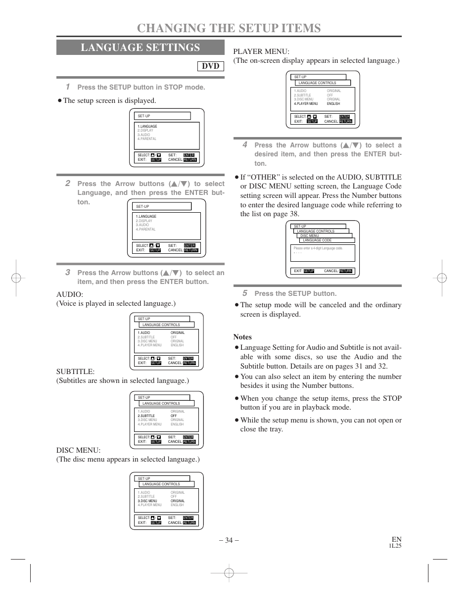 Changing the setup items, Language settings, The setup screen is displayed | Press the setup button in stop mode, Press the arrow buttons, Press the setup button | Symphonic WF802 User Manual | Page 34 / 48