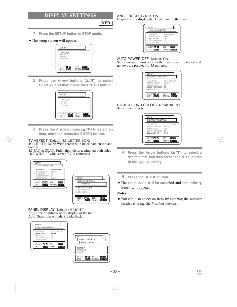 Display settings, The setup screen will appear, Press the arrow buttons | Press the setup button, Press the setup button in stop mode | Symphonic WF802 User Manual | Page 35 / 48