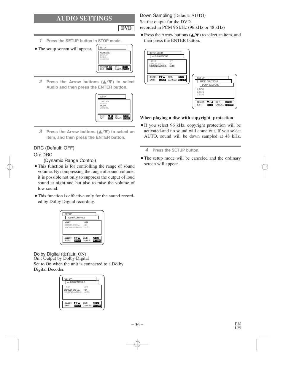 Audio settings, The setup screen will appear, Drc (default: off) on: drc (dynamic range control) | Press the setup button in stop mode, Press the arrow buttons, Press the setup button | Symphonic WF802 User Manual | Page 36 / 48