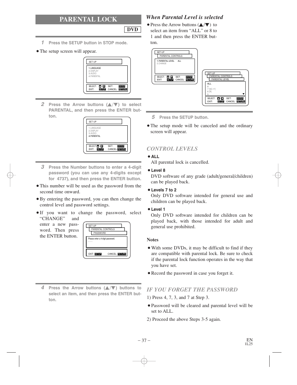 Parental lock, When parental level is selected, Control levels | If you forget the password, Press the arrow buttons, All parental lock is cancelled, Record the password in case you forget it, The setup screen will appear | Symphonic WF802 User Manual | Page 37 / 48