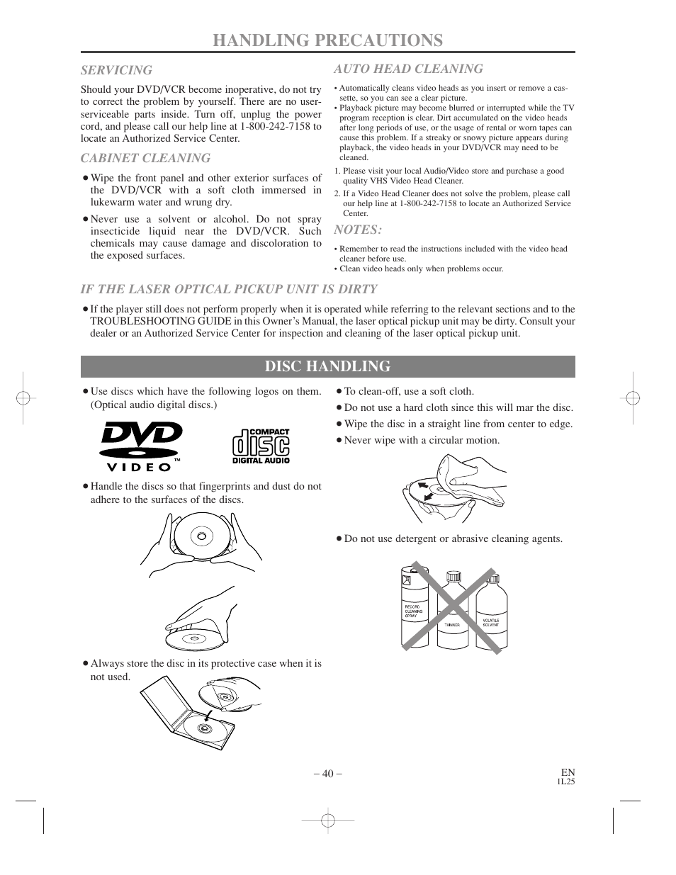 Handling precautions, Disc handling | Symphonic WF802 User Manual | Page 40 / 48