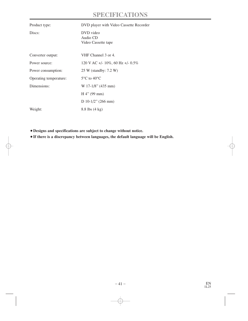 Specifications | Symphonic WF802 User Manual | Page 41 / 48