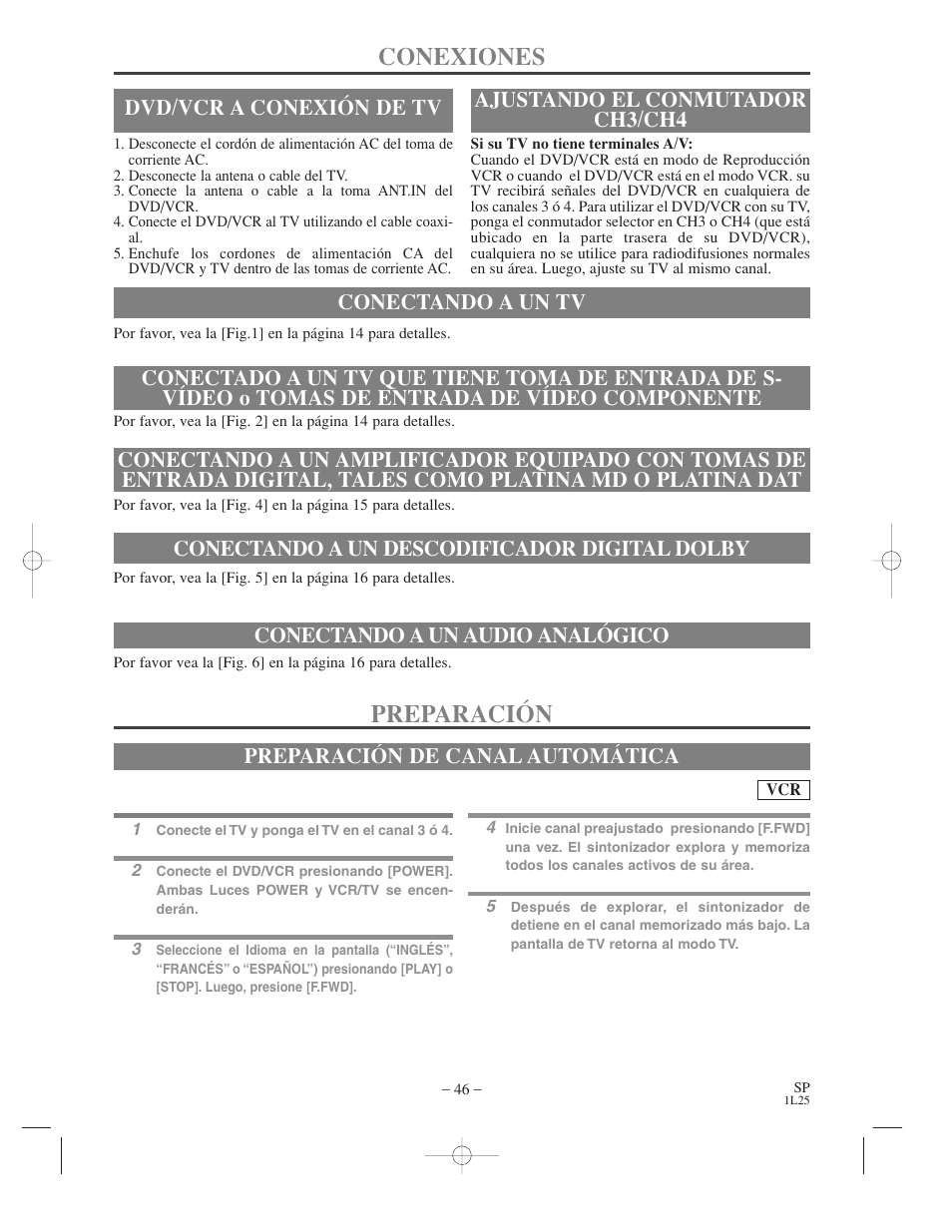 Conexiones, Preparación, Ajustando el conmutador ch3/ch4 | Conectando a un descodificador digital dolby, Conectando a un audio analógico, Preparación de canal automática | Symphonic WF802 User Manual | Page 46 / 48