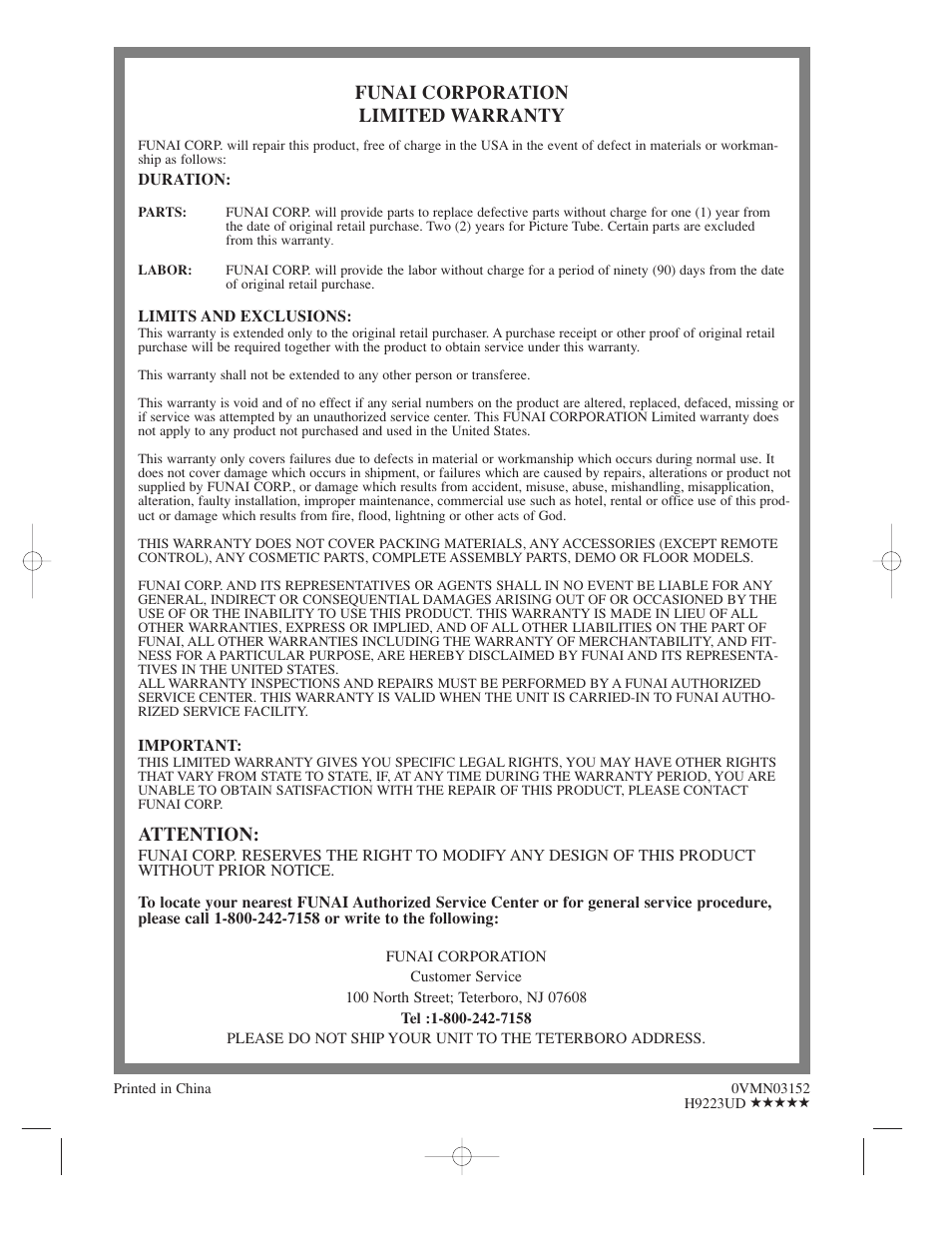 Funai corporation limited warranty, Attention | Symphonic WF802 User Manual | Page 48 / 48