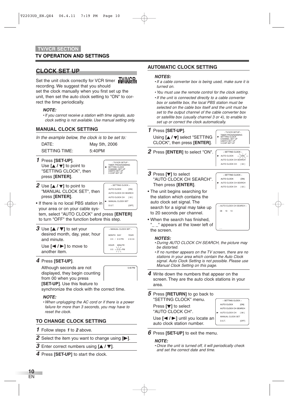 Tv/vcr, Clock set up, Automatic clock setting | Manual clock setting | Symphonic SC724DF User Manual | Page 10 / 44
