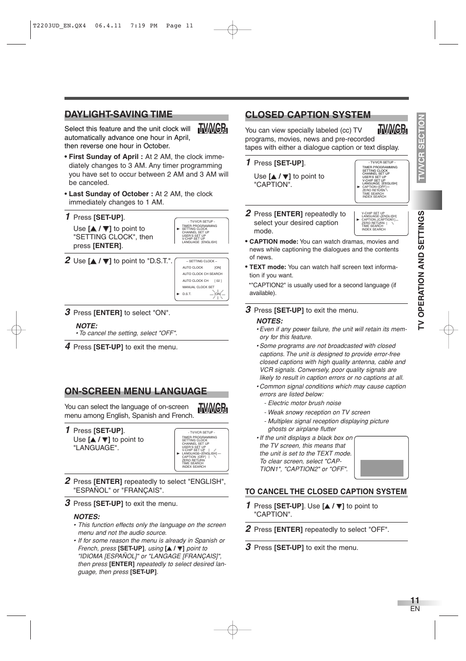 Tv/vcr, Closed caption system, Daylight-saving time | On-screen menu language | Symphonic SC724DF User Manual | Page 11 / 44