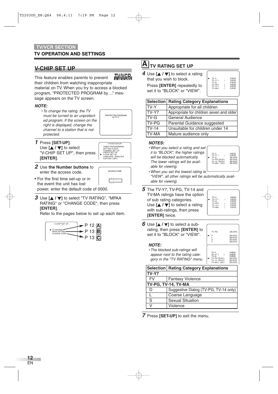 Tv/vcr, V-chip set up, Tv rating set up | Symphonic SC724DF User Manual | Page 12 / 44