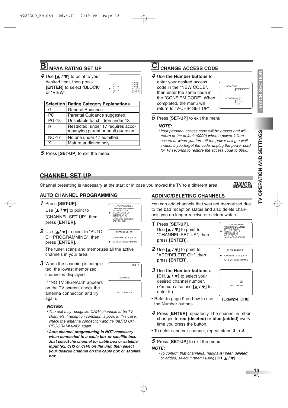 Tv/vcr, Channel set up | Symphonic SC724DF User Manual | Page 13 / 44