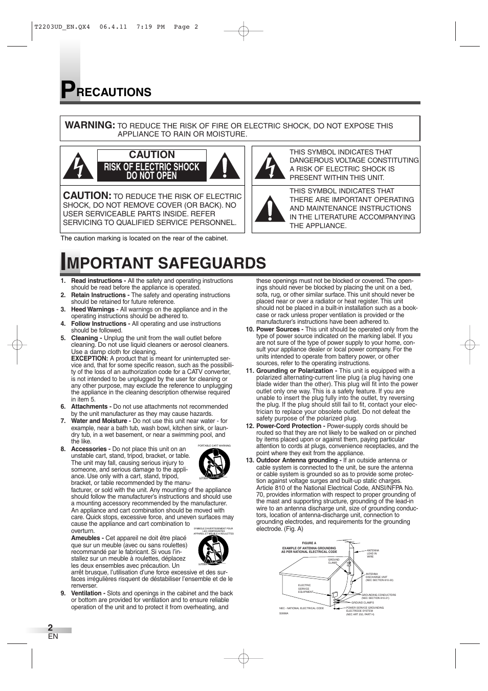 Mportant safeguards, Recautions, Caution | Caution risk of electric shock do not open, Warning | Symphonic SC724DF User Manual | Page 2 / 44