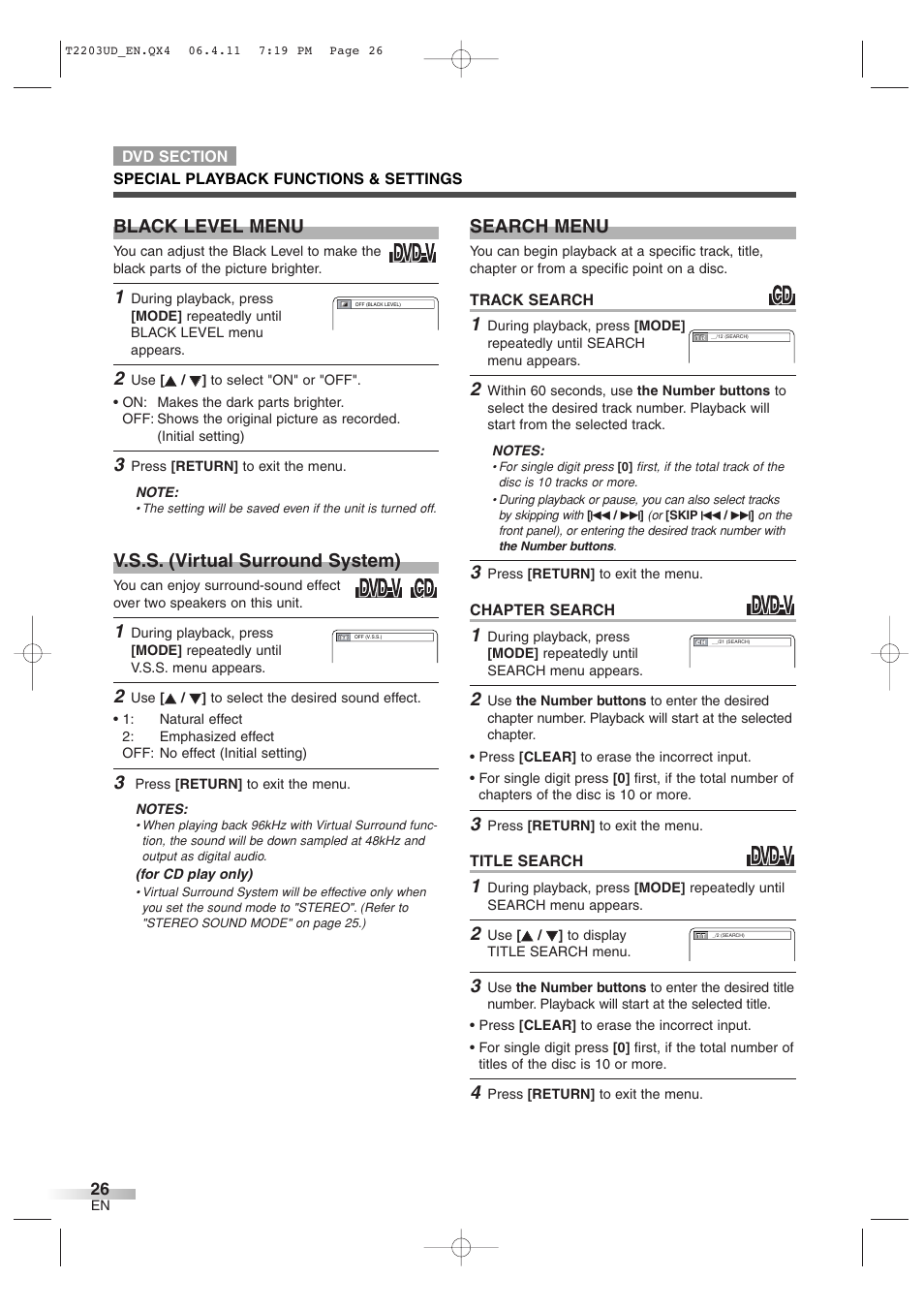 Black level menu, V.s.s. (virtual surround system), Search menu | Symphonic SC724DF User Manual | Page 26 / 44