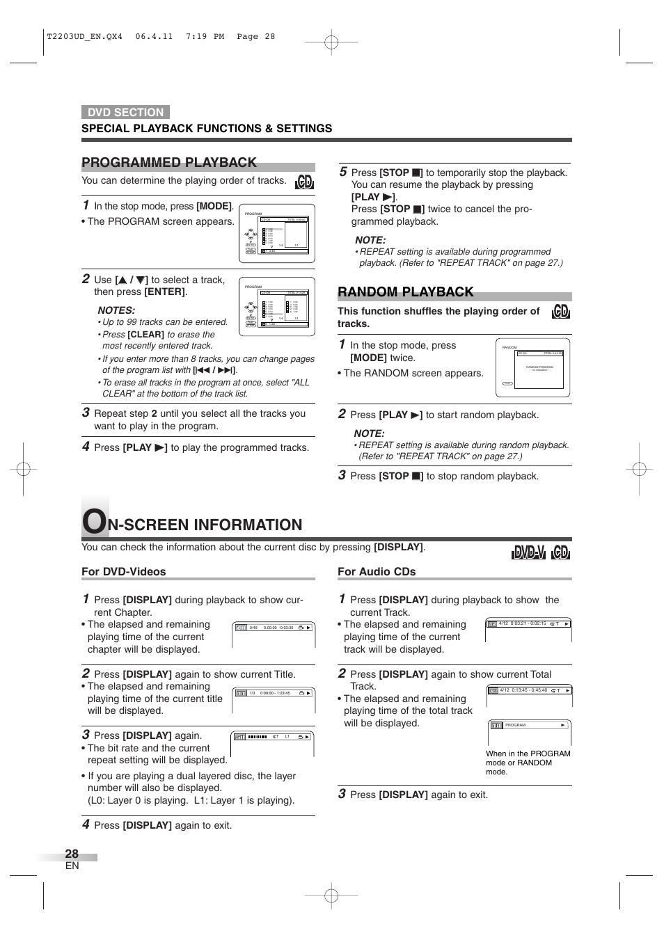 N-screen information, Programmed playback random playback, For dvd-videos | For audio cds | Symphonic SC724DF User Manual | Page 28 / 44