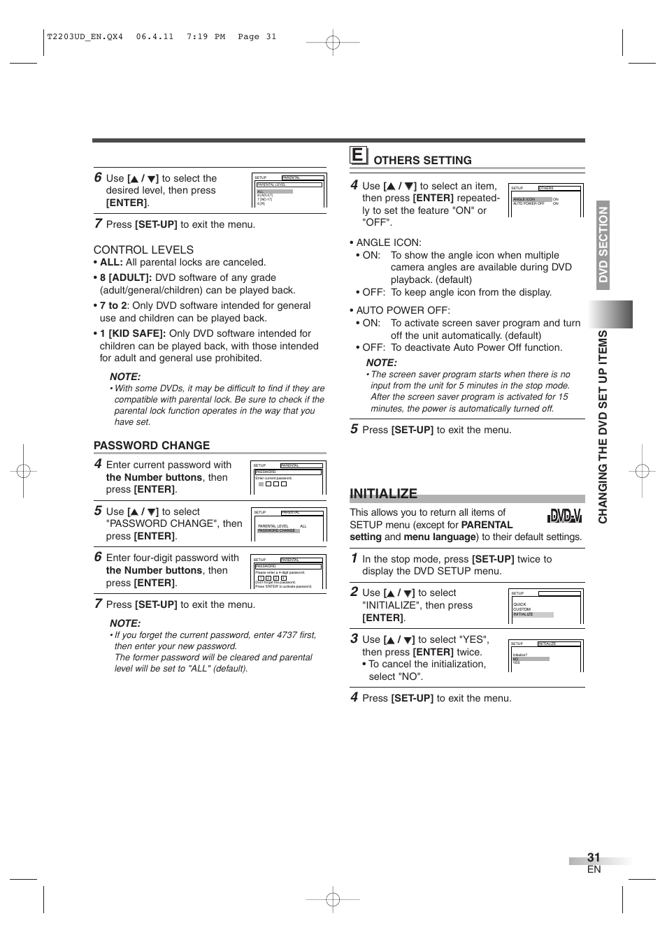 Initialize, Others setting, Control levels | Password change | Symphonic SC724DF User Manual | Page 31 / 44