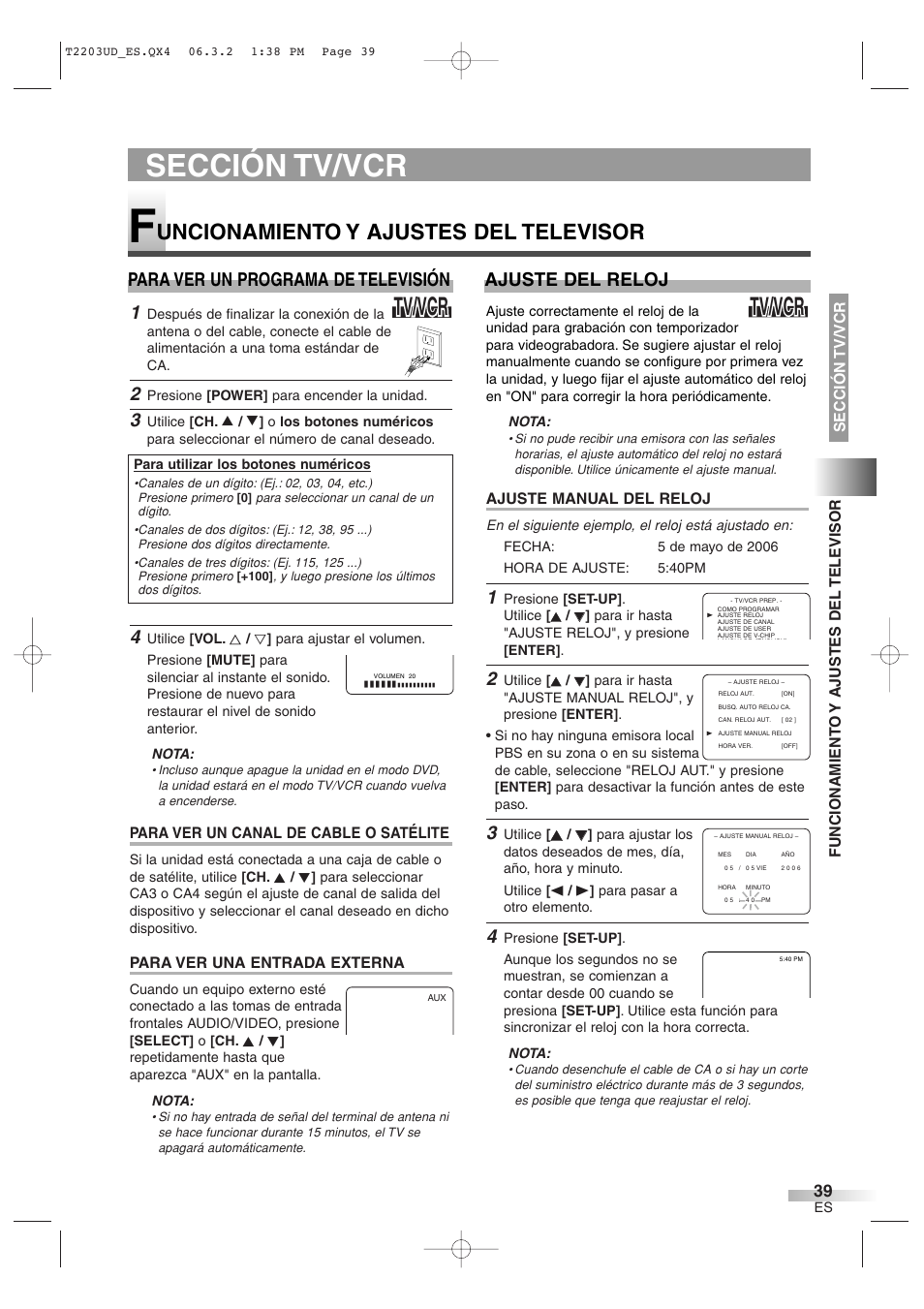 Sección tv/vcr, Tv/vcr, Uncionamiento y ajustes del televisor | Para ver un programa de televisión, Ajuste del reloj | Symphonic SC724DF User Manual | Page 39 / 44