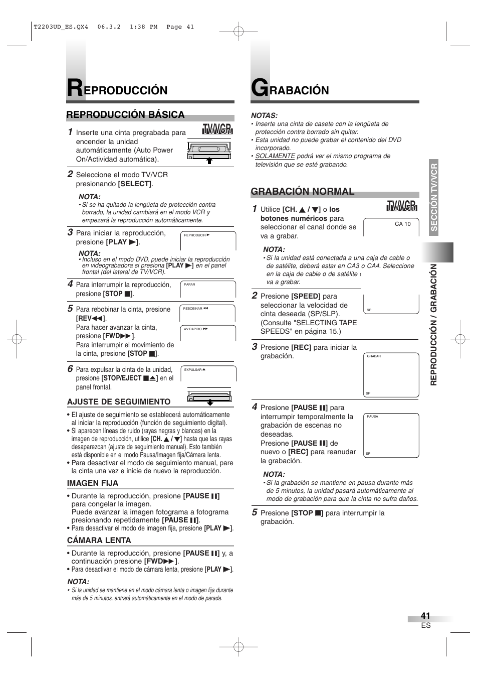 Tv/vcr, Eproducción, Rabación | Grabación normal, Reproducción básica | Symphonic SC724DF User Manual | Page 41 / 44