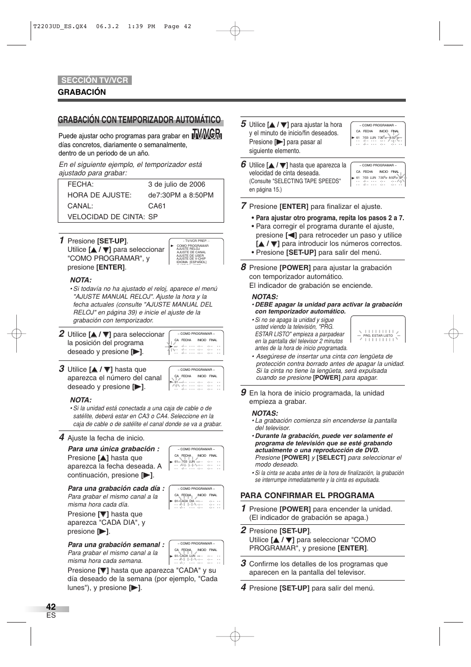 Tv/vcr, Grabación con temporizador automático, Para confirmar el programa | Sección tv/vcr grabación, Utilice, Hasta que aparezca la velocidad de cinta deseada, Presione [set-up] . utilice, Presione [set-up] para salir del menú, Presione | Symphonic SC724DF User Manual | Page 42 / 44