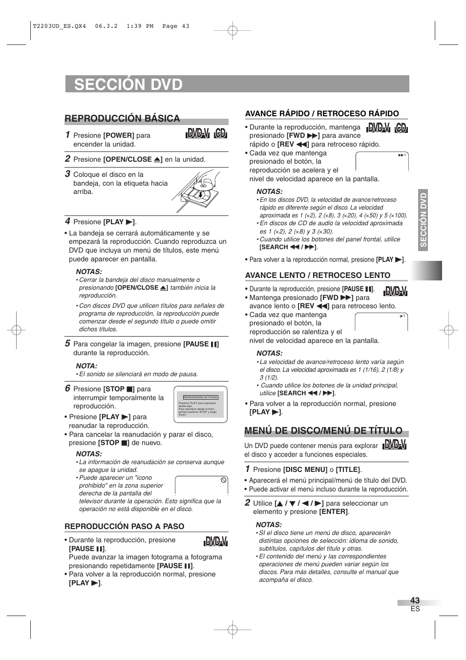 Sección dvd, Reproducción básica, Menú de disco/menú de título | Symphonic SC724DF User Manual | Page 43 / 44