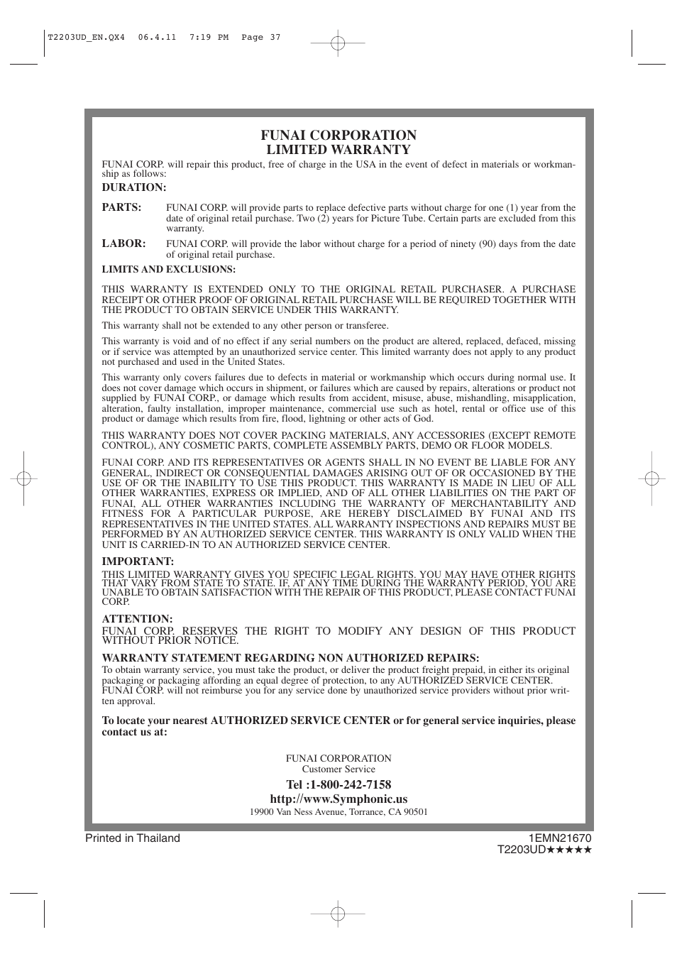 Funai corporation, Limited warranty | Symphonic SC724DF User Manual | Page 44 / 44