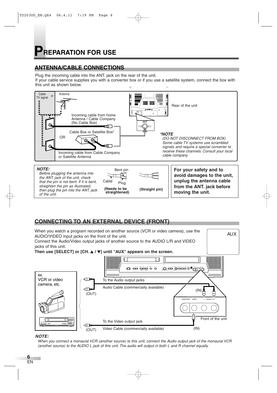 Reparation for use, Antenna/cable connections, Connecting to an external device (front) | Symphonic SC724DF User Manual | Page 6 / 44