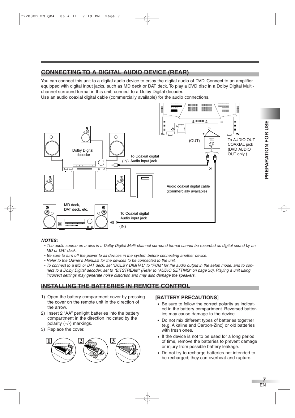 Connecting to a digital audio device (rear), 21 3 installing the batteries in remote control | Symphonic SC724DF User Manual | Page 7 / 44