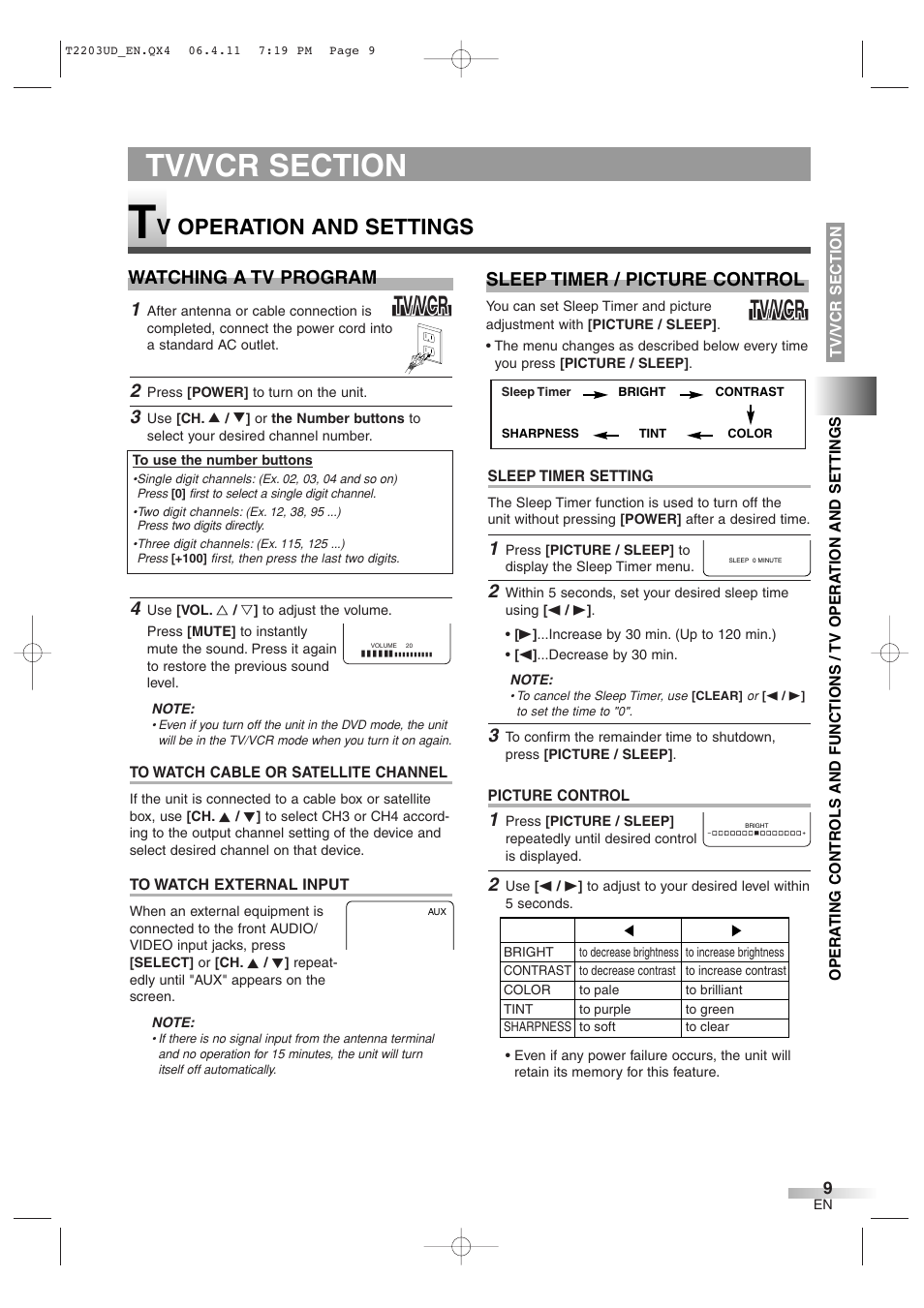 Tv/vcr, V operation and settings, Watching a tv program | Sleep timer / picture control | Symphonic SC724DF User Manual | Page 9 / 44