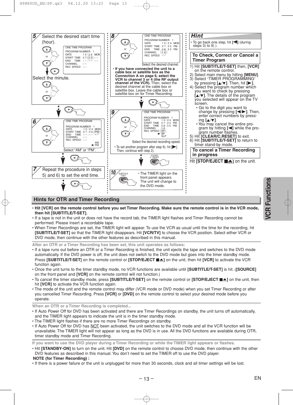 Vcr functions, Hint, Hints for otr and timer recording | Symphonic RSMWD2205 User Manual | Page 13 / 28
