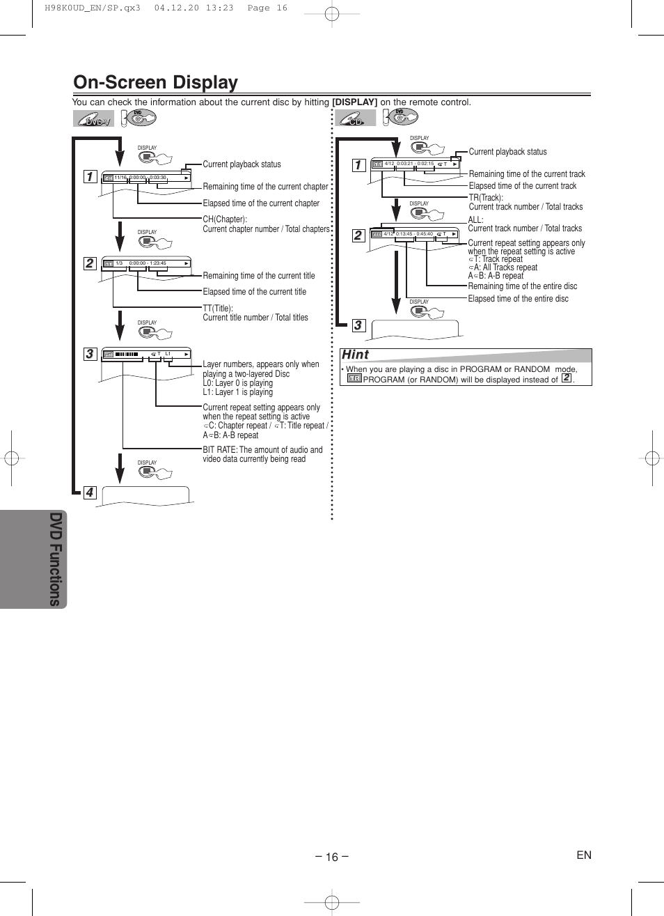 On-screen display, Dvd functions | Symphonic RSMWD2205 User Manual | Page 16 / 28