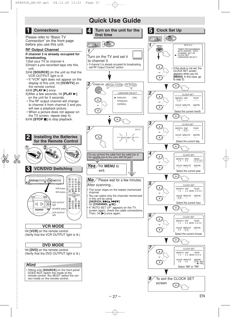Quick use guide, Yes es, Connections | Clock set up, Vcr/dvd switching, Installing the batteries for the remote control, Turn on the unit for the first time, Vcr mode, Dvd mode, Turn on the tv and set it to channel 3 | Symphonic RSMWD2205 User Manual | Page 27 / 28