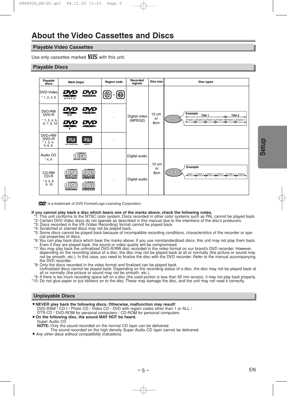 About the video cassettes and discs, Setup, Playable discs unplayable discs | Playable video cassettes, En use only cassettes marked with this unit | Symphonic RSMWD2205 User Manual | Page 5 / 28