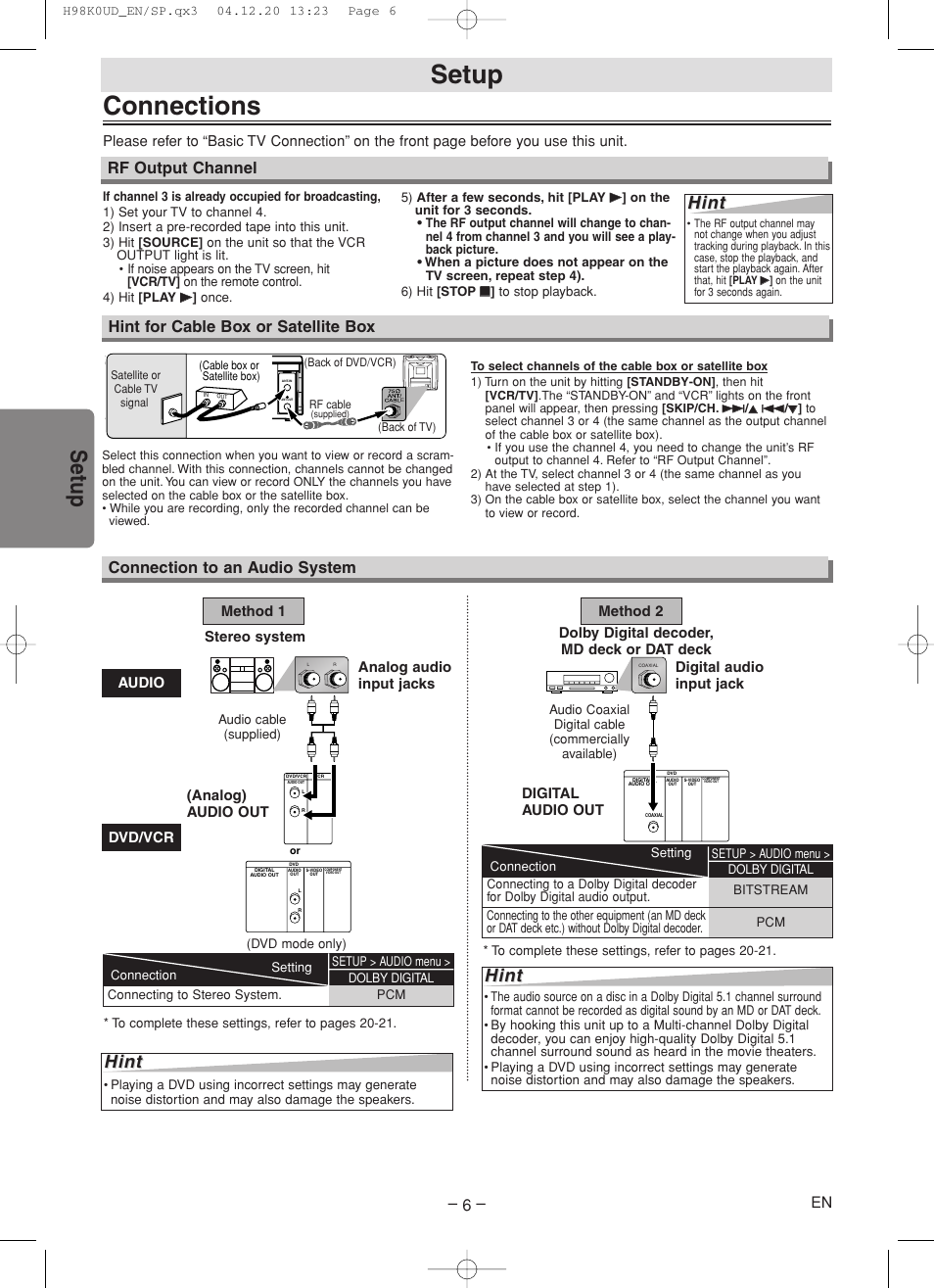 Connections, Setup, Hint | Hint for cable box or satellite box, Connection to an audio system, Rf output channel, Stereo system, Dolby digital decoder, md deck or dat deck | Symphonic RSMWD2205 User Manual | Page 6 / 28