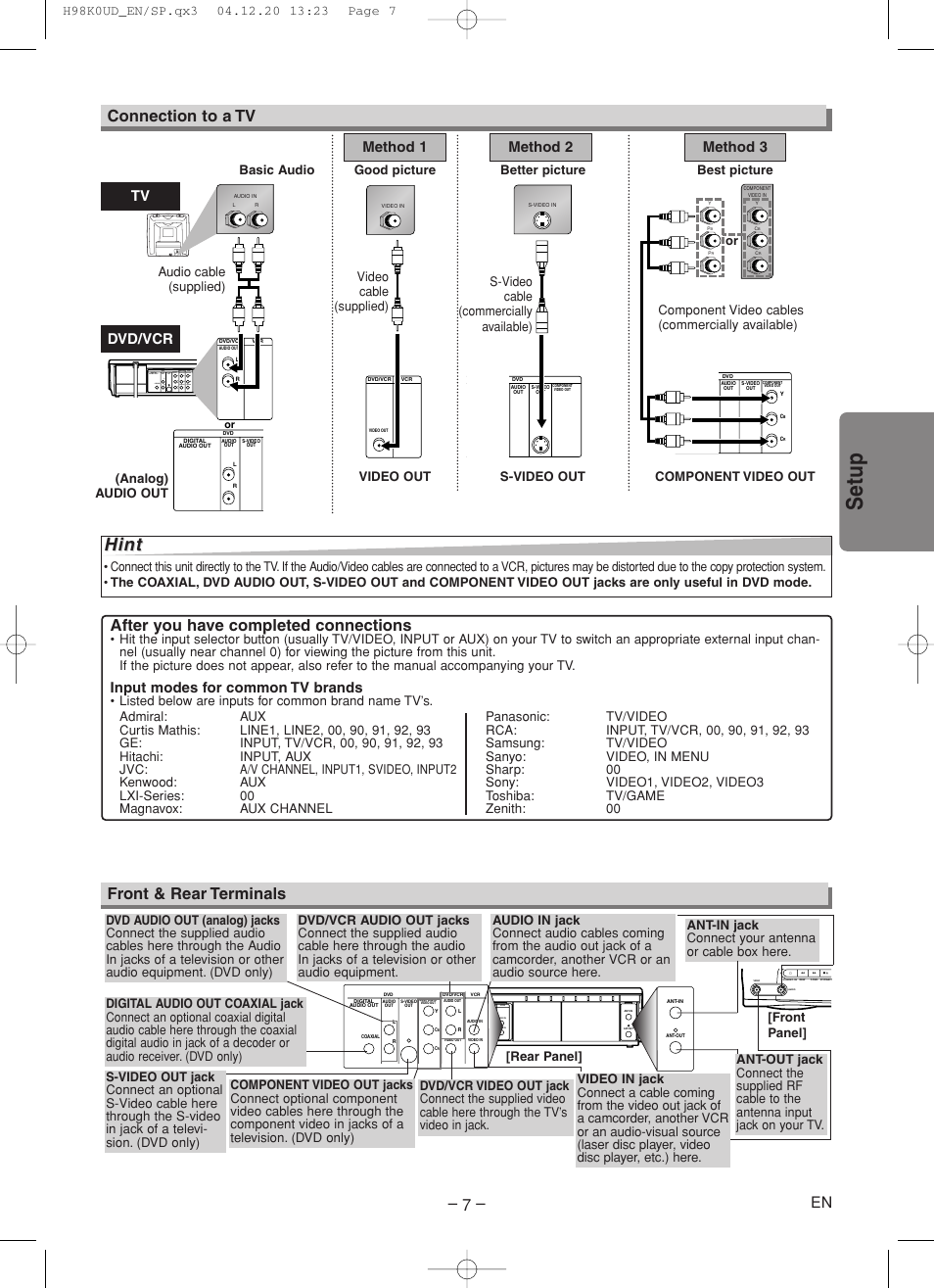 Setup, Hint, Connection to a tv – 7 | After you have completed connections, Front & rear terminals, Tv method 1, Method 2 method 3, Dvd/vcr, Input modes for common tv brands, Component video out | Symphonic RSMWD2205 User Manual | Page 7 / 28