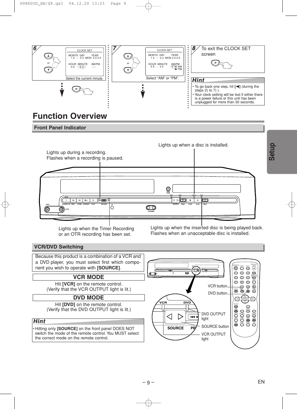 Function overview, Setup, Hint | Vcr mode, Dvd mode hint hint, Front panel indicator, Vcr/dvd switching, Ag h y x | Symphonic RSMWD2205 User Manual | Page 9 / 28