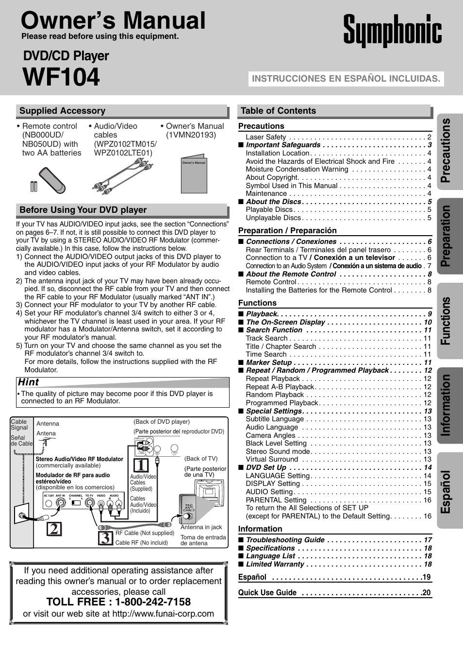 Symphonic WF104 User Manual | 20 pages