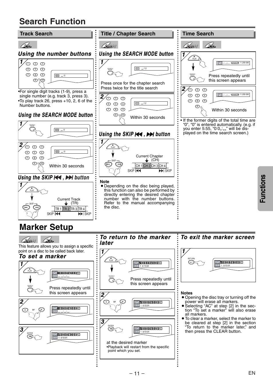 Search function, Marker setup, Functions | Using the search, Using the search mode mode b b utton utton 1 1, Using the n, Using the n umber b umber b uttons uttons, Using the search mode mode b b utton utton, Using the skip, Time search | Symphonic WF104 User Manual | Page 11 / 20