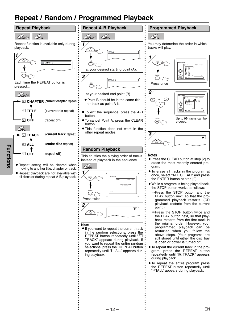 Repeat / random / programmed playback, Functions, Random playback | Symphonic WF104 User Manual | Page 12 / 20