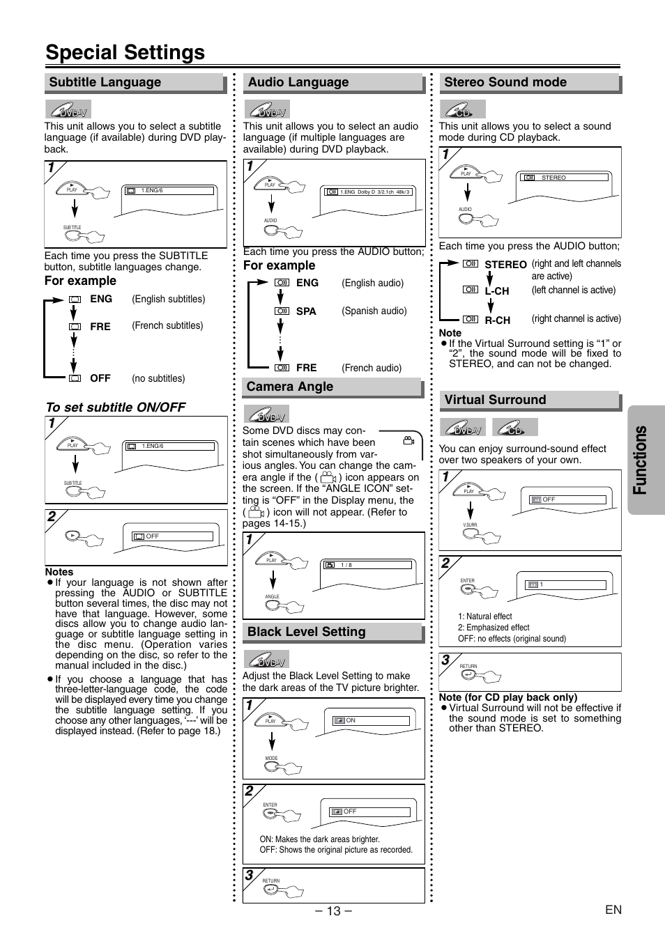 Special settings, Functions, Audio language | For example, Stereo sound mode camera angle, For example subtitle language, Black level setting, Virtual surround | Symphonic WF104 User Manual | Page 13 / 20